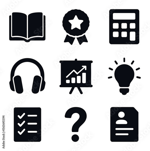 Financial Literacy Icons. Solid, filled icons set of financial literacy tools: open book, learning badge,