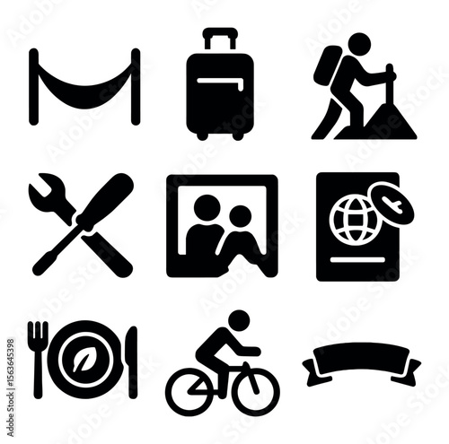 Retirement Freedom Icons. Solid, filled icons set of retirement lifestyle freedom: hammock icon, travel