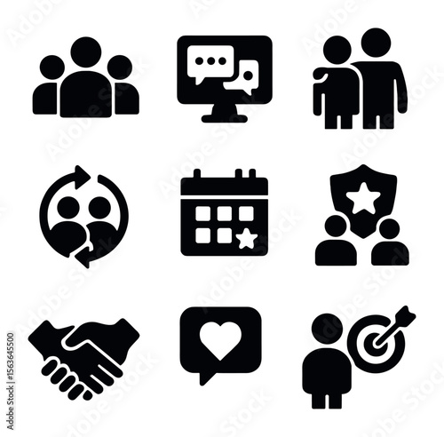 Community Support Icons. Solid, filled icons set of community and support networks: group of people, online