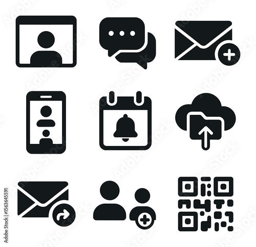 Digital Networking Icons. Solid, filled icons set of digital networking tools: video call window, online chat,