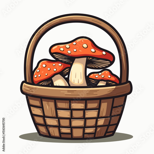 Whimsical Cartoon Illustration of Fly Agaric Mushrooms in a Woven Basket, Isolated on White