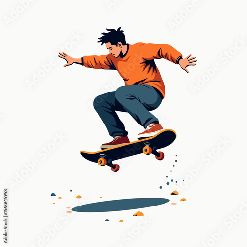 Dynamic Illustration of a Young Man Performing a Skateboard Trick Mid-Air with Artistic Flair