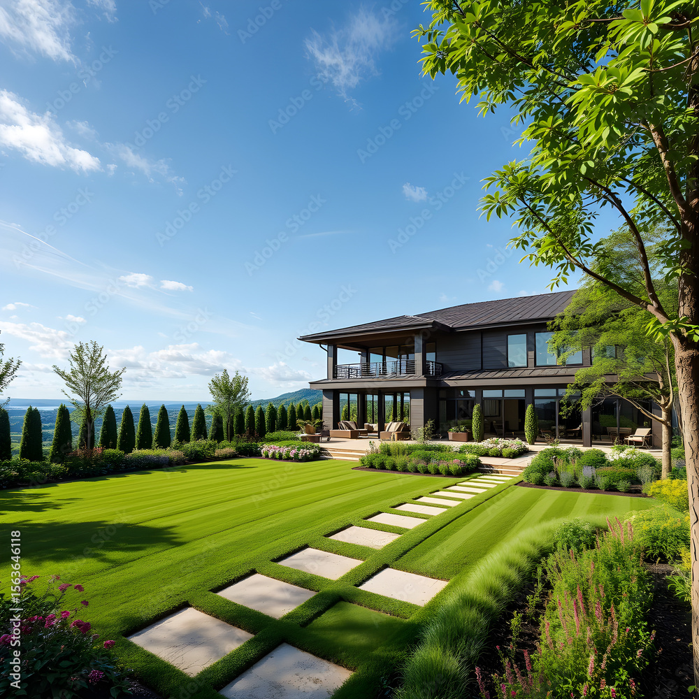 Naklejka premium A large house with a lush green lawn and a path leading to it