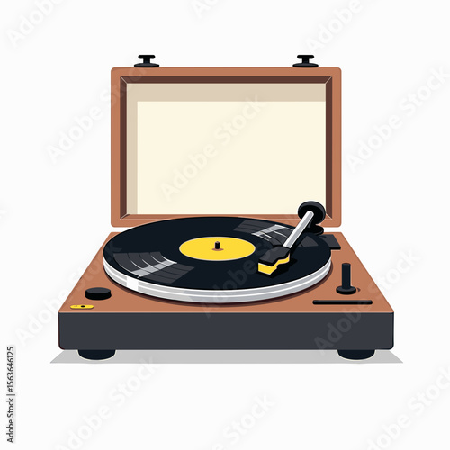 Vintage Record Player Illustration with Vinyl Record and Open Lid, Nostalgic Music Listening