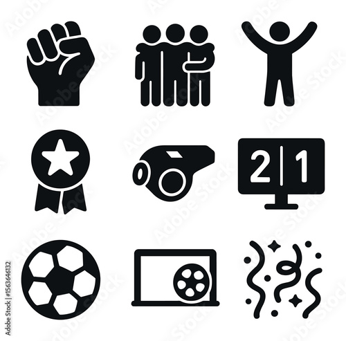 Victory Icon Set. Solid, filled icons set of winning match excitement: fist pump, group embrace, raised arms,