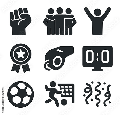 Victory Icon Set. Solid, filled icons set of winning match excitement: fist pump, group embrace, raised arms,