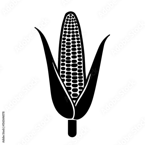 Minimalist black silhouette of corn on the cob with textured kernels on white background
