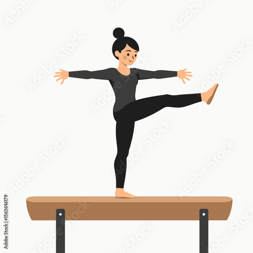 Cartoon Illustration of a Female Gymnast Balancing on a Beam in a Leotard Performing a Leg Extension Exercise