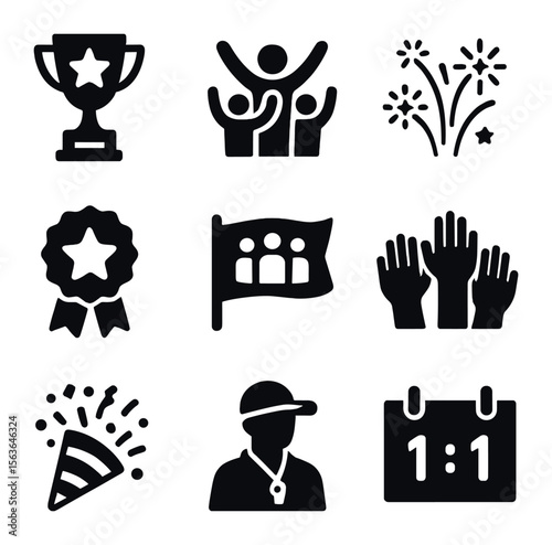 Winning Spirit Icons. Solid, filled icons set of winning spirit symbols: star trophy, cheering crowd,