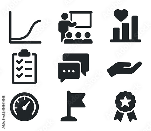 Change Management Icons. Solid, filled icons set of change management processes: change curve, training