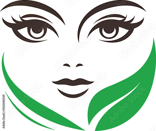 A stylized face is framed by two green leaves.
