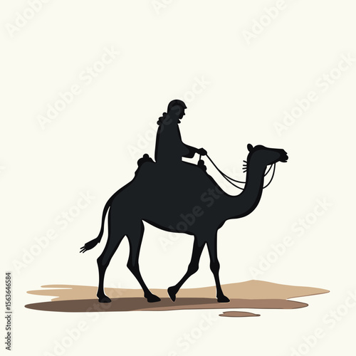Silhouette of a Man Riding a Camel Across the Desert Landscape, Travel and Adventure Illustration