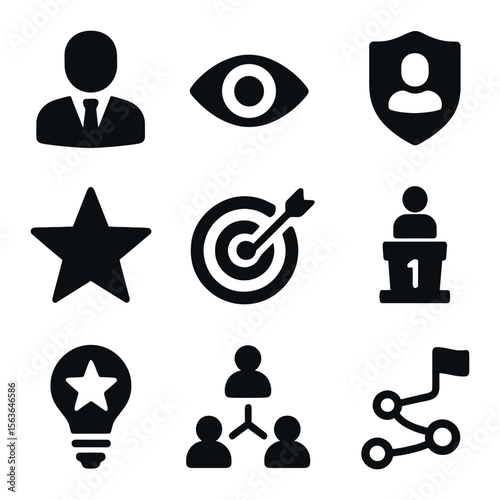 Corporate Leadership Icons. Solid, filled icons set of corporate innovation leadership: executive icon, vision