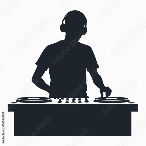 Silhouette of a DJ Mixing Music with Turntables and Headphones Illustration