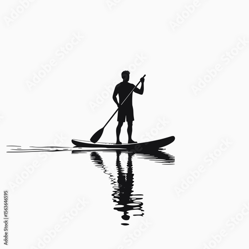 Silhouette of a Person Paddleboarding on Calm Water with Reflection, Minimalist Black and White Design