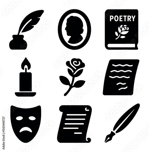 Romantic Authors Icon Set. Solid, filled icons set of Romantic period authors: ink quill, portrait cameo,