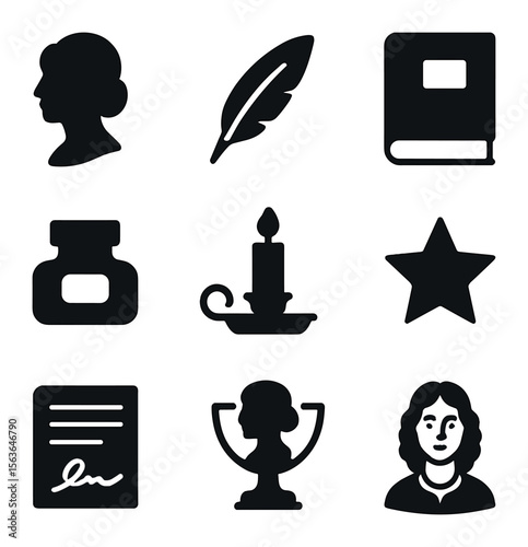 Iconic Women Writers. Solid, filled icons set of influential women writers: woman silhouette, feather pen,