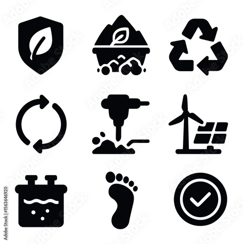 Sustainable Mineral Icons. Solid, filled icons set of sustainable mineral sourcing: green leaf badge, eco