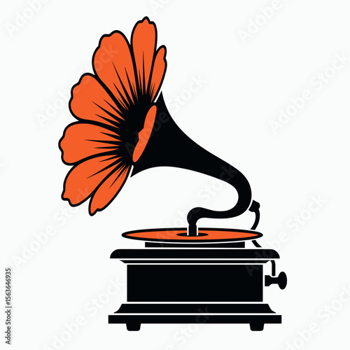 Vintage Orange and Black Gramophone Illustration: A Classic Music Icon with Ornate Details