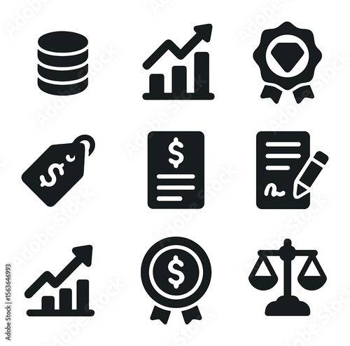 Economic Value Icons. Solid, filled icons set of economic value of minerals: stacked coins, profit chart,