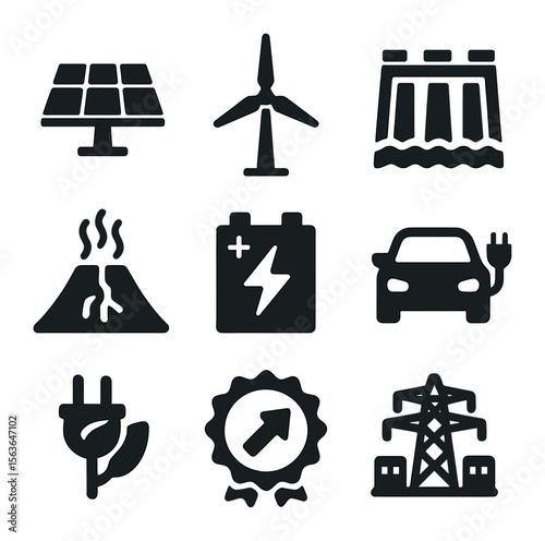 Renewable Energy Icons. Solid, filled icons set of renewable energy solutions: solar panel, wind turbine,