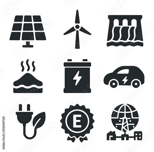 Renewable Energy Icons. Solid, filled icons set of renewable energy solutions: solar panel, wind turbine,