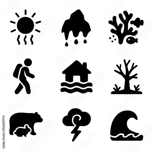 Global Warming Icons. Solid, filled icons set of global warming impacts: heatwave sun, melting glacier, coral