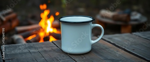 Blank white enamel mug on rustic wood background, campfire glow reflected,  tea,  bushwalking