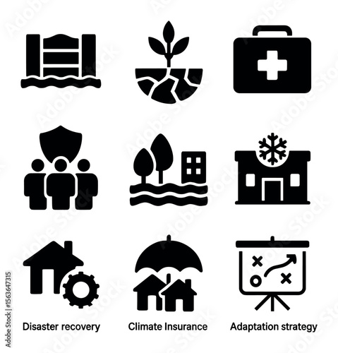 Adaptation Icons Grid. Solid, filled icons set of adaptation and resilience: flood barrier, drought-resistant