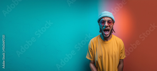 Energetic young man with braided hair and stylish glasses expressing joy in a vibrant urban setting with contrasting colorful backgrounds