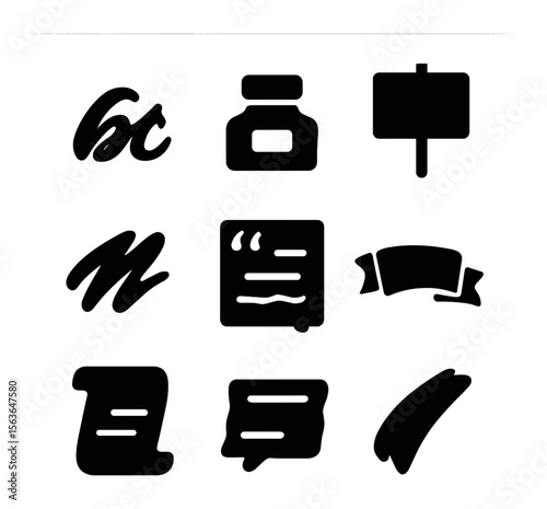 Calligraphy Icon Set. Solid, filled icons set of calligraphy and lettering: bold script, ink bottle, protest