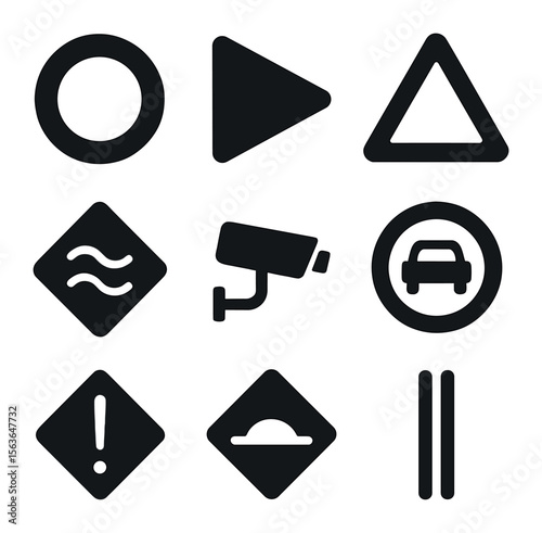 Road Sign Icons. Solid, filled icons set of highway and street regulation signs: speed limit circle, no