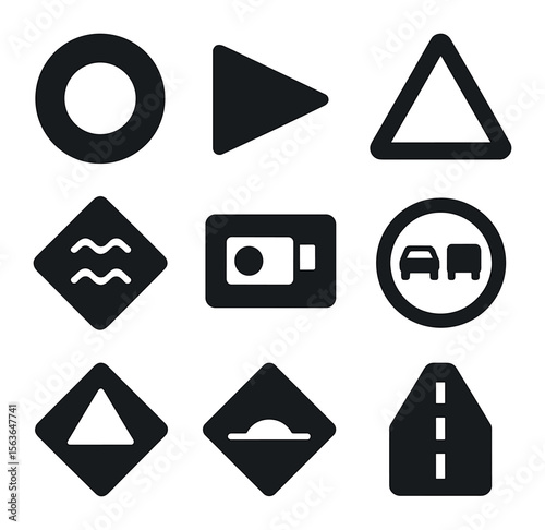 Road Sign Icons. Solid, filled icons set of highway and street regulation signs: speed limit circle, no