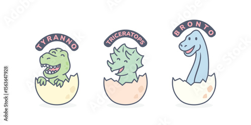 Cartoon vector illustration set of dinosaurs including Brontosaurus, Triceratops, Tyrannosaurus rex hatching from the eggs. Pastel colorful cute funny baby prehistoric animal