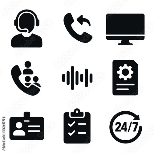 Call Center Icons. Solid, filled icons set of call center operations: agent with headset, incoming call,