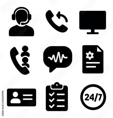 Call Center Icons. Solid, filled icons set of call center operations: agent with headset, incoming call,
