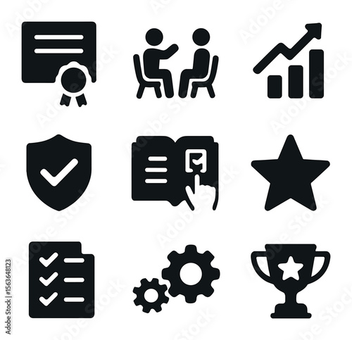 Customer Care Icons. Solid, filled icons set of customer care training and quality: training certificate,