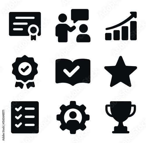 Customer Care Icons. Solid, filled icons set of customer care training and quality: training certificate,