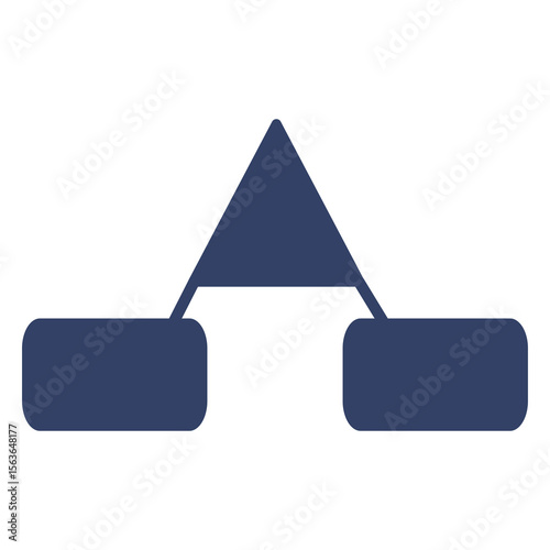 Abstract vector illustration of a minimalist flowchart featuring a central triangle connecting two rectangular nodes, rendered in a dark blue palette.
