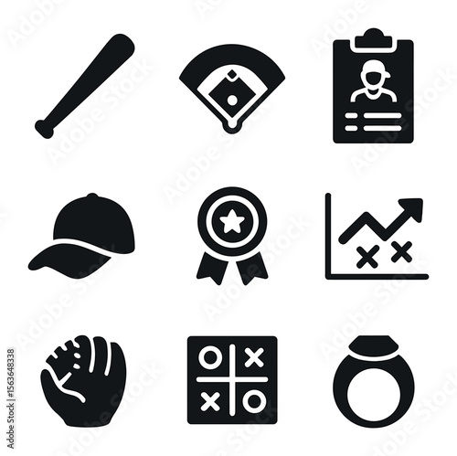 Fantasy Baseball Icons Set. Solid, filled icons set of fantasy baseball icons: baseball bat, diamond field,