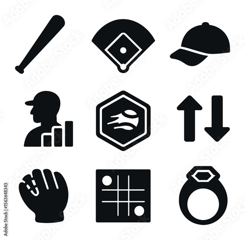 Fantasy Baseball Icons Set. Solid, filled icons set of fantasy baseball icons: baseball bat, diamond field,