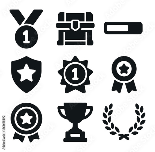 Gaming Rewards Icons. Solid, filled icons set of competitive gaming rewards: gold medal, prize chest, XP bar,