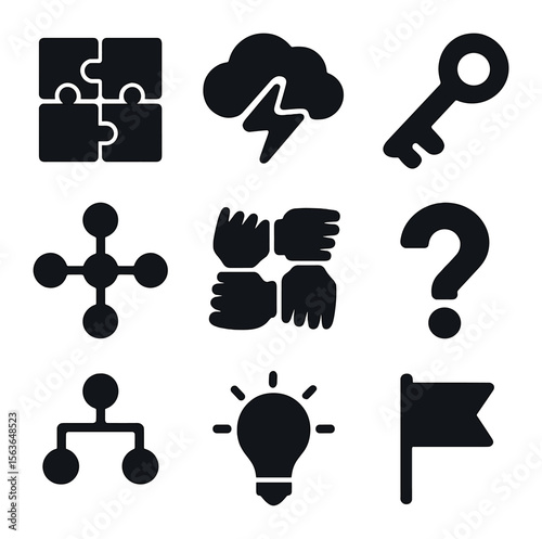 Teamwork Icon Grid. Solid, filled icons set of collaborative problem solving: puzzle pieces, brainstorming