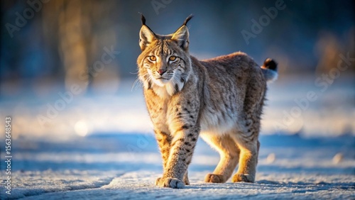 Majestic Lynx in Winter's Golden Light, a Wild Cat Strolling Through a Snowy Landscape