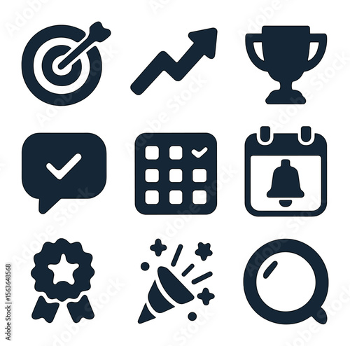 Goal Setting Icons. Solid, filled icons set of goal setting and motivation: target board, progress arrow,