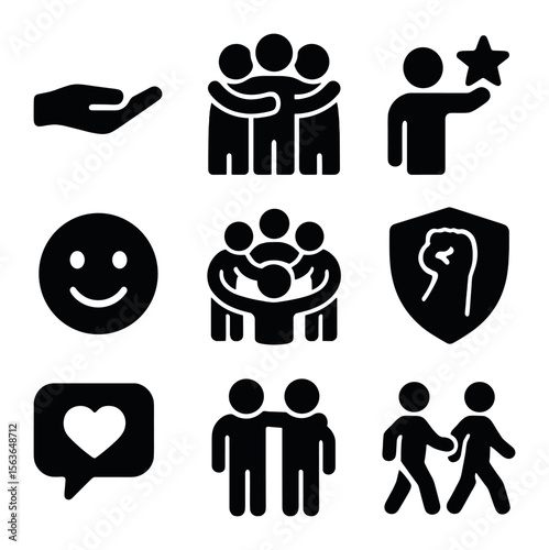 Supportive Relationship Icons. Solid, filled icons set of supportive relationships: helping hand, group hug,
