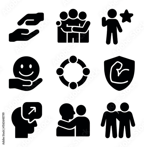 Supportive Relationship Icons. Solid, filled icons set of supportive relationships: helping hand, group hug,