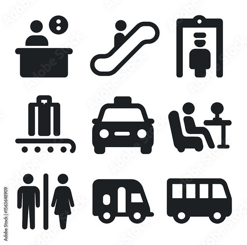 Airport Icons Grid. Solid, filled icons set of airport navigation symbols: information desk, escalator icon,