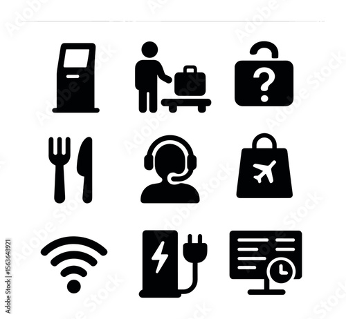 Airport Service Icons. Solid, filled icons set of airport service icons: check-in kiosk, baggage drop, lost