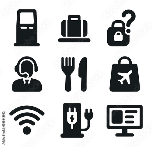Airport Service Icons. Solid, filled icons set of airport service icons: check-in kiosk, baggage drop, lost